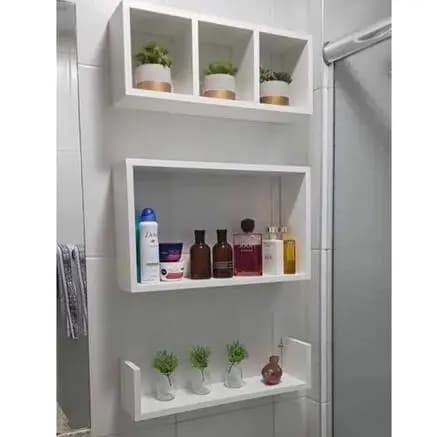 Kit Nichos 3 Unidades Decorativo Organizadores De Banheiro Prateleira Suspensa Mdf Cru e Branco novo