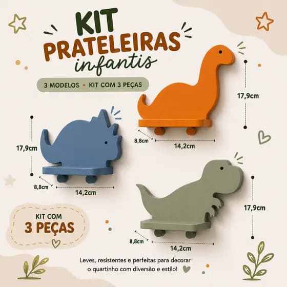 Kit 3 Prateleiras Infantis Dinossauro Decorativa 18cm Parede Quarto Bebê com Fita 3M Decoração dinossauro