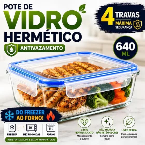 kit 10 Potes de Vidro Hermético 640ml com Tampa Hermética Antivazamento 4 Travas Marmita Fit