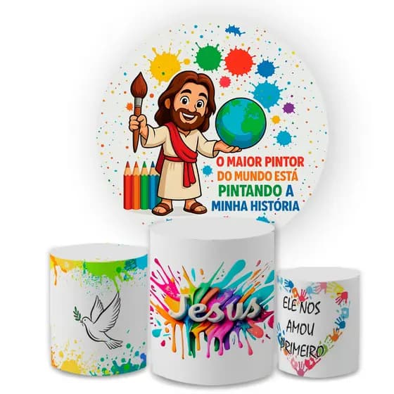 Kit Capa Painel Festivo Redondo + Trio Cilindro Decoração O Maior Pintor Do Mundo Festa Aniversário