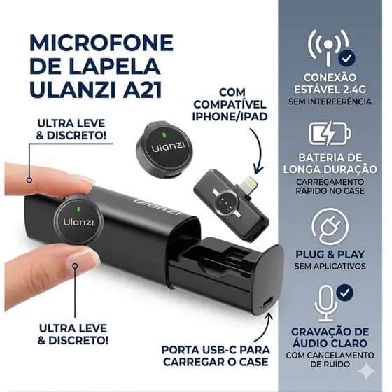 Microfone De Lapela Sem Fio ULANZI A21 Mini Bluetooth 20dB Redução De Ruído Para Type-C