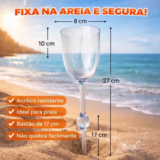Taça de Acrílico Luxo 27cm Fixa na Areia Ideal Praia Camping Resistente Copo Vinho Cerveja Gin