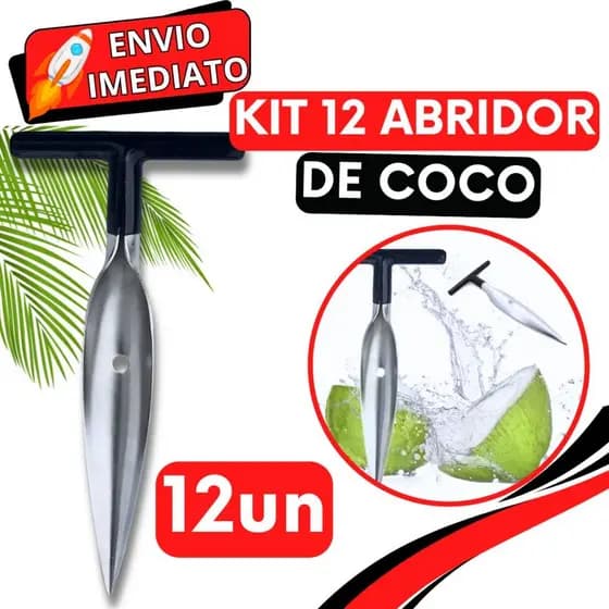 KIT 12 Furador Abridor de Coco Profissional Inox Perfurador Manual Fura Coco Super Resistente para Casa Praia Quiosque