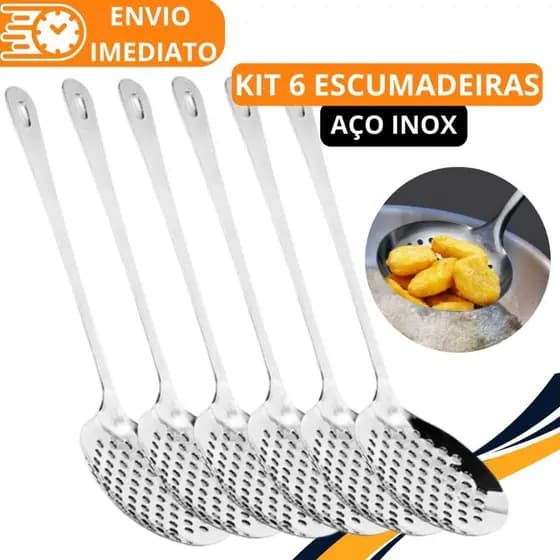KIT 1/6 Escumadeira de Fritura Arroz Massa Aço Inox Resistente Para Casa Cozinha Restaurante Buffet Batata Frita Fritar