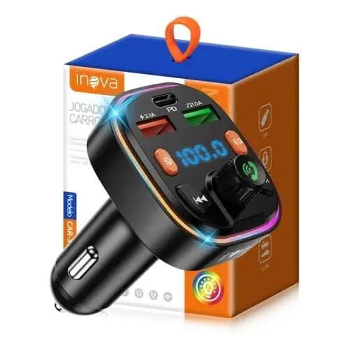 CARREGADOR VEICULAR TRANSMISSOR FM TURBO, COM 2 SAÍDAS USB - CAR-3468 - INOVA