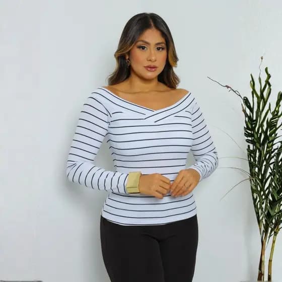 Blusa Canelada Manga Longa Ombro a Ombro com Bojo Blusinha Ciganinha Inverno