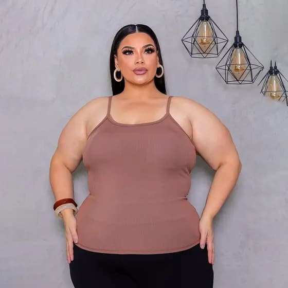 Blusa Feminina Plus Size com Alcinha Básica | regata Alcinha Canelada com Bojo