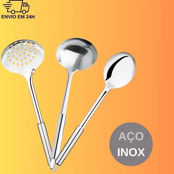 kit utensílios de cozinha inox cook original line escumadeira concha colher de servir