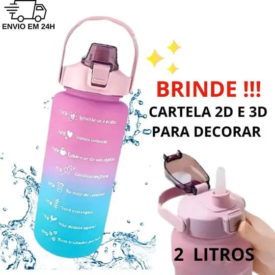 Garrafa de água squeeze motivacional 2 litros canudo adesivo 2d e 3d academia antivazamento roxo com azul claro