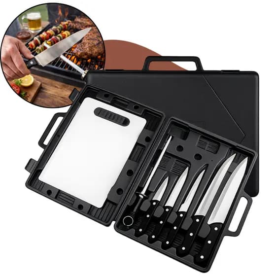 Kit Faqueiro Churrasco 7 Peças Facas Chaira e Tábua Corte Maleta Cozinha Restaurante Faças Churrasqueria