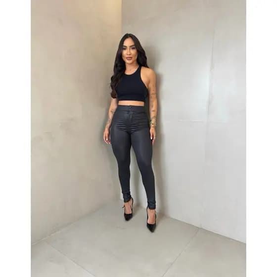 Calça Disco Peluciada Flanelada Térmica Legging Cintura Alta Botão Fake Bolsos Skinny