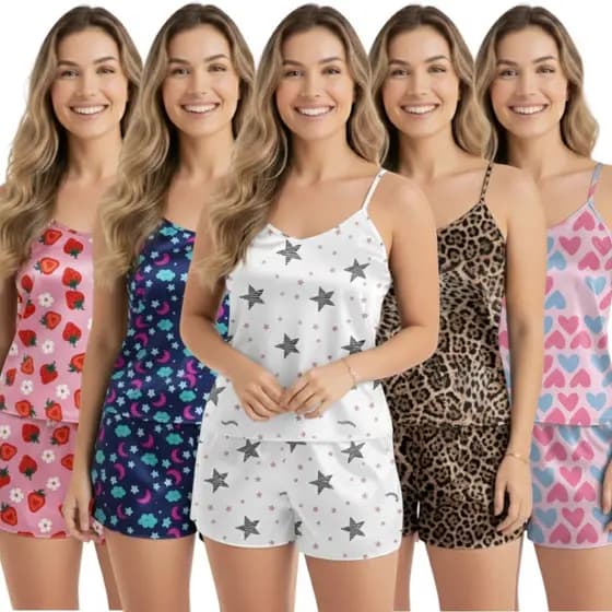 Kit 5 Conjunto Pijama Baby Doll Short Doll Feminina Sem Bojo Conjuntos Estampas Exclusivas