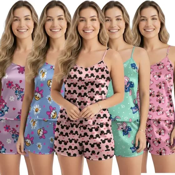 Kit 5 Conjuntos Pijamas Baby Doll Short Doll Feminino Sem Bojo Conjunto Personagens Variados