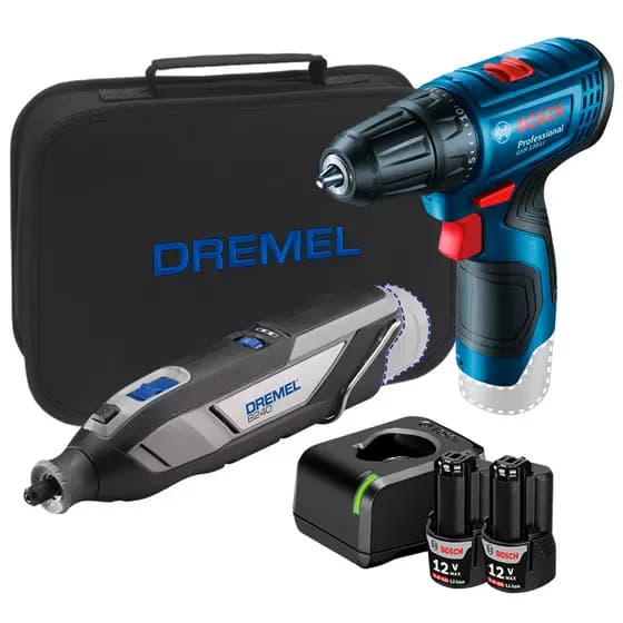Parafusadeira/Furad 3/8" Bosch GSR 120-LI + Micro Retífica 175W Dremel + 2 Baterias GBA 12V 2Ah + Carregador + Bolsa