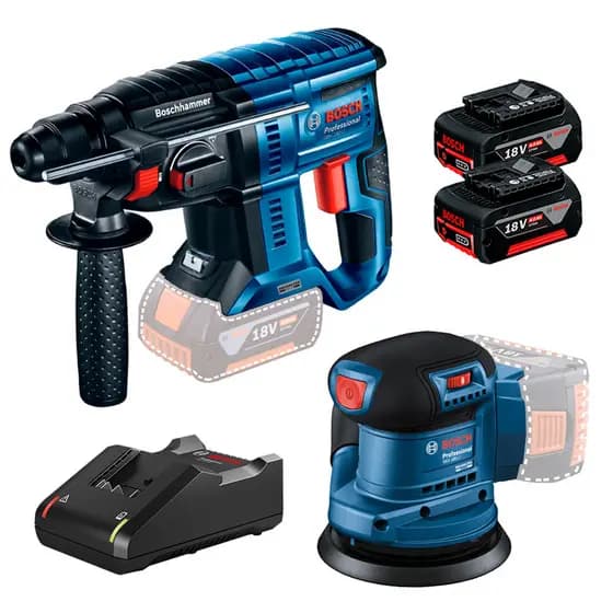 Lixadeira Roto Orbital 5" GEX 185-LI + Martelete Rotativo Rompedor GBH 180-LI + 2 Bateria 4Ah + Carregador Rápido Bosch