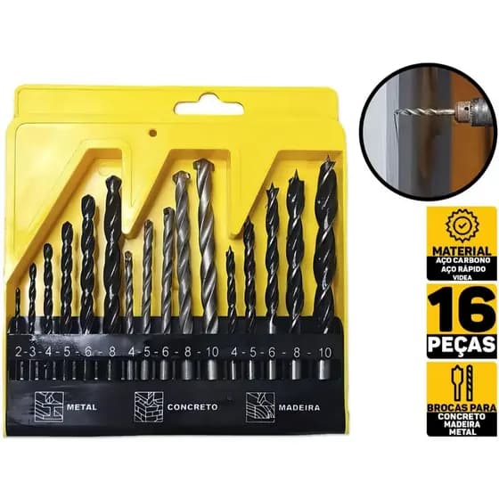Kit Jogo 16 Brocas Estojo - Ferro Concreto Madeira Videa Aço Para Furadeira Elétrica - Envio Imediato