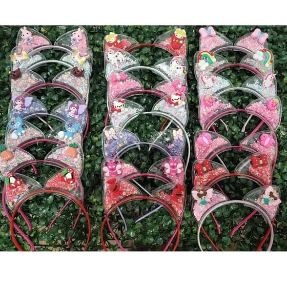 Kit Tiara Arquinho Infantil Orelha de Gatinho Desenhos Sortidos 2 Peças