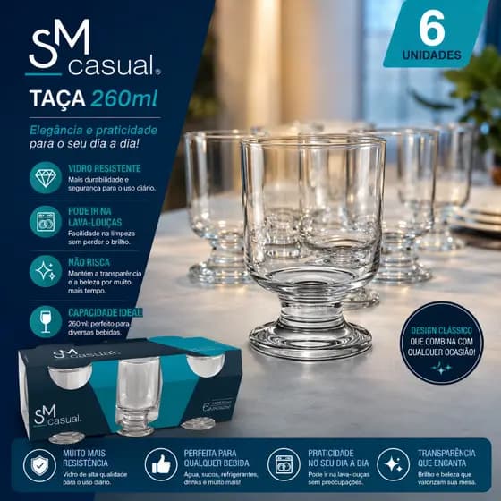 Kit 6 Unid Jogo De Taças De Vidro De Água Copo De Vidro Sm Casual 260ml Taça Cerveja Buffet