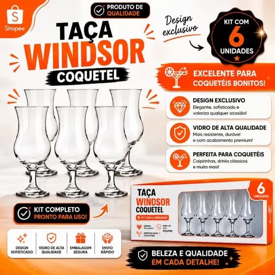 Taças De Vidro Para Drink Taça Coquetel Windsor 355ml Taça Elegante Para Drinks Kit 6 unid