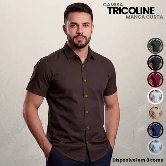 Camisa Social Masculina Manga Curta Tricoline Tecido Leve Social Báscia Dia a Dia Trabalho