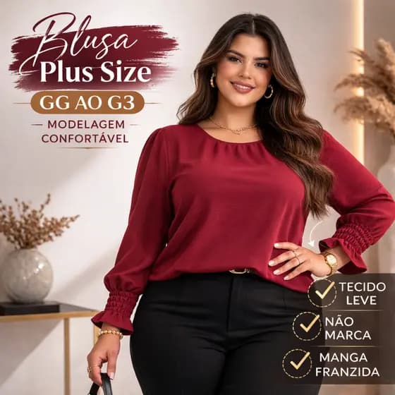 Blusa Feminina Plus Size Elegante Social Manga Longa Duna Premium Não Marca GG ao G3