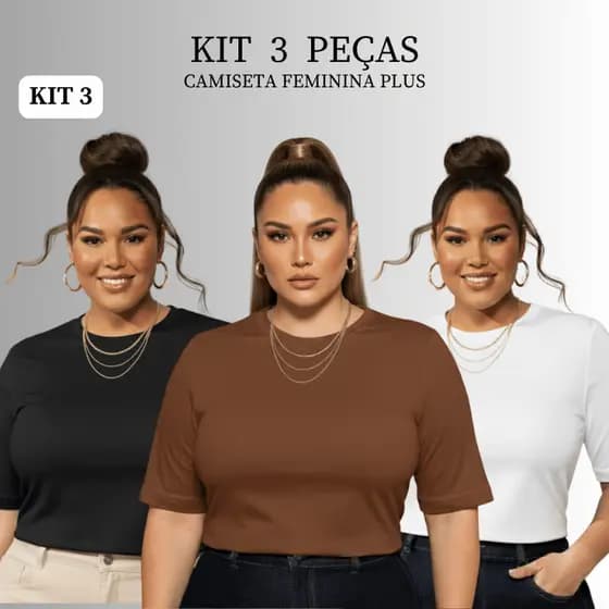 KIT 3 BLUSA PLUS FEMININA 100% ALGODÃO MANGA OVERSIZED LISA