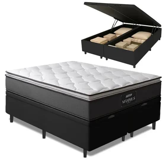 Cama Box Baú Casal King Gazin Colchão Molas Ensacadas Pillow Top Maximus 193x203x69cm Cinza/Preto