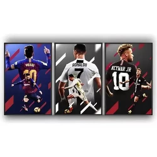 Quadros Neymar Cristiano Ronaldo Messi 50x30 Futebol Decoração Premium