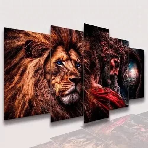 Kit 5 Quadros Decorativos Leão Religioso Jesus Mosaico Sala Quarto Escritório premium