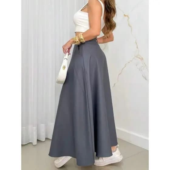 Saia Longa Rodada Feminina Alfaiataria Moda Evangélica Casual Básica Inverno Cintura Alta Elegante Tendência