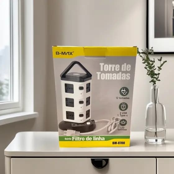 Tomada de proteção contra raios em torre, régua de energia vertical com vários furos e luz noturna USB BM-8700