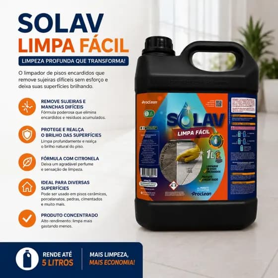 Limpeza de Piso Concentrado Limpa Solav 1 L Rende 5 Litros Proclean