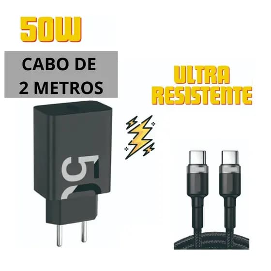 Carregador TURBO 50W Ultra Resistente+Cabo 1-2 metros Trançado PRETO Pd-TIPOC p/ Iphone 15 16 SANSUNG MOTOG