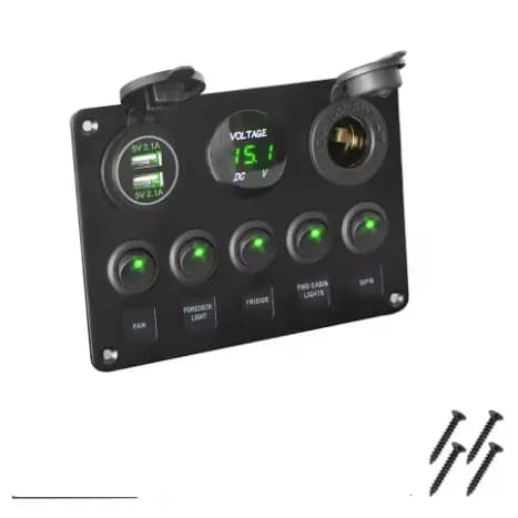 Painel Interruptor 5 Botões LED 12V/24V com USB 3.0 e Voltímetro – Verde