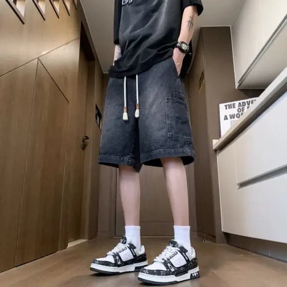 Bermudas masculinas de verão, finas, estilo workwear, jeans, estilo americano de rua, tamanho grande, lavadas e desgasta