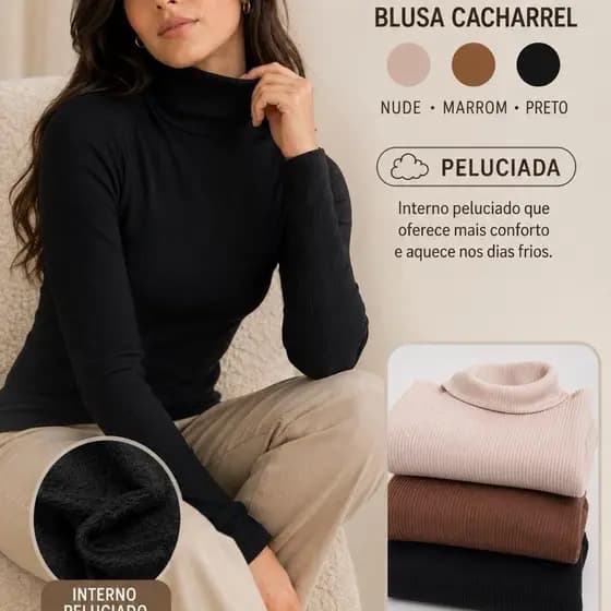 Blusa Cacharel Peluciada Feminina Gola Alta Confortável Elegante Quentinha Tecido Canelado Premium Manga Longa