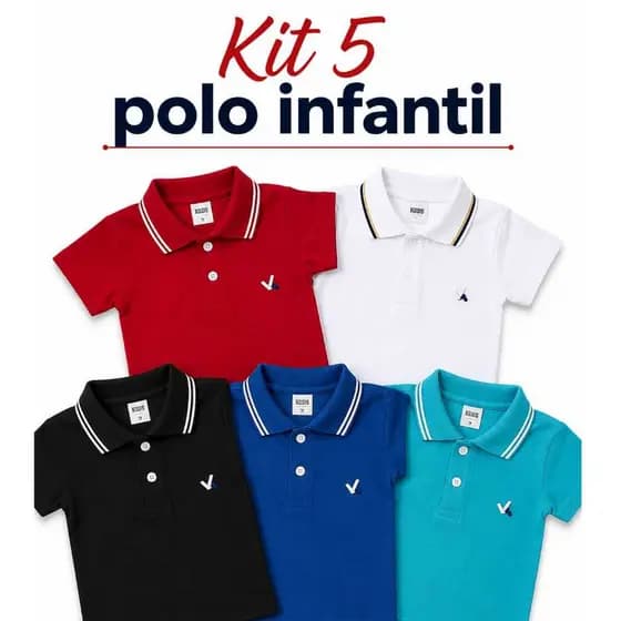 Kit 5 Camisa Gola Polo de Menino 100% Algodão Infantil ao Juvenil Polinho Lisa