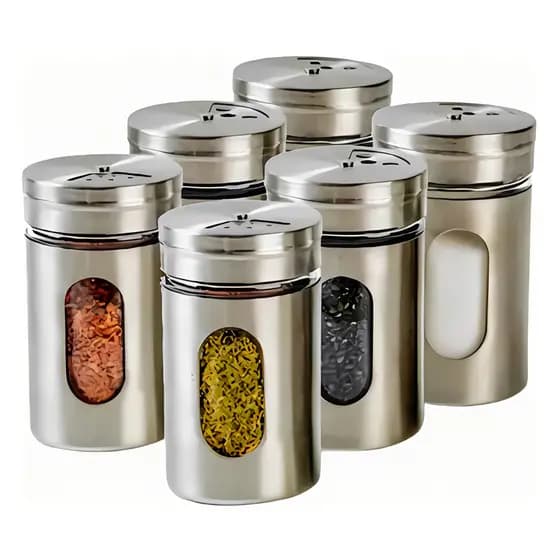 Kit 6 Porta Condimento Para Saleiro Pimenteiro Temperos Aço Inox Peso Inox Tampa Dosadora Cozinha