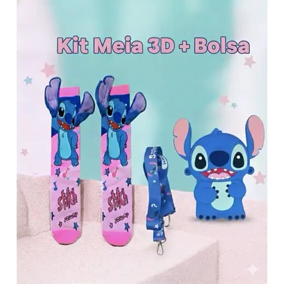 Kit Bolsa e Meia 3D ou Chaveiro Stitch Infantil