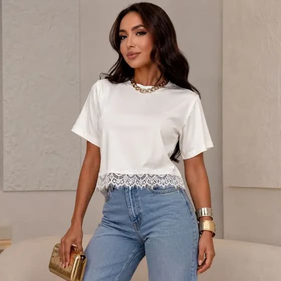 Crooped Com Renda, Camiseta Estilosa Elegante Blusa Feminina Com Manga São Paulo