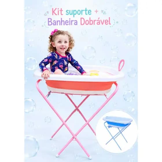 Kit Suporte + Banheira de Bebe Dobrável 30L Resistente Compacta Leve Design Anatômico