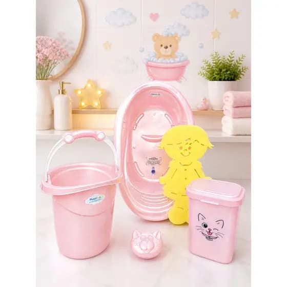 Kit Funcional Banheira 20L, Balde Ofurô 11L, Lixeira e Toalha para Banheira bebê menino menina