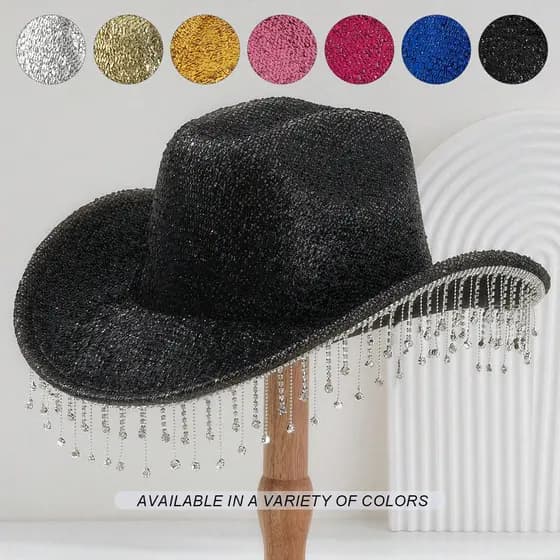 Novo produto masculino feminino estilo ocidental chapéu de Cowboy moda strass borla chapéu de noiva chapéu superior fest