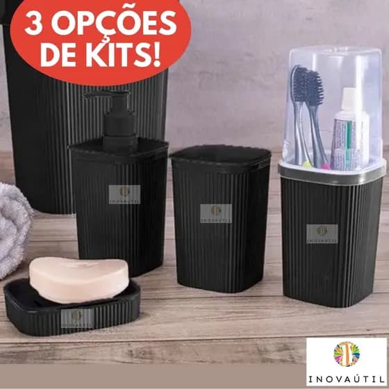 Kit Friso Preto Porta Sabonete Porta Escova de Dente Porta Cotonete ou Algodão para Pia de Banheiro
