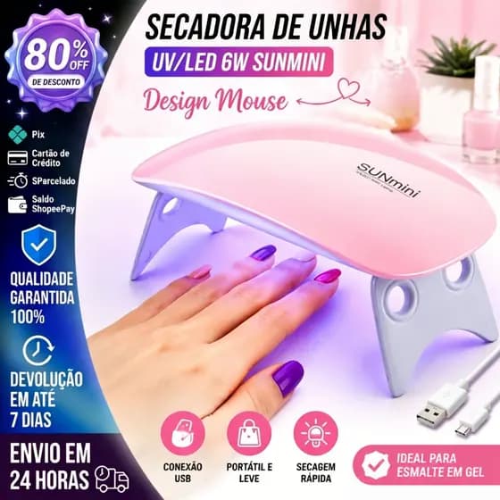 Secadora de Unhas UV/LED 6W Rosa Mini Portátil USB Design Mouse Rápida para Gel