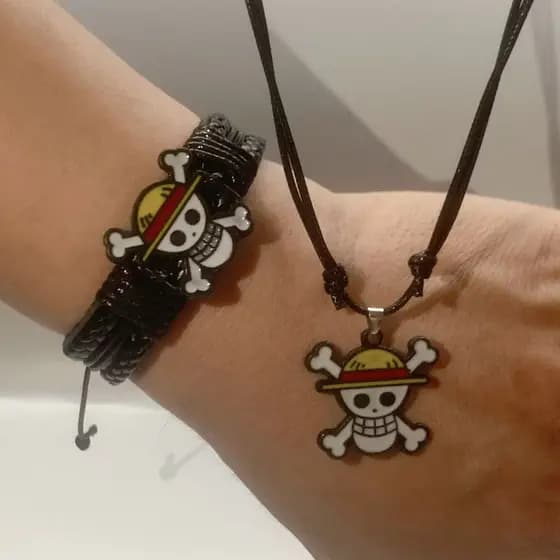 Kit Colar+pulseira de couro ajustavel com One Piece Caveira do Navio Going Merry do Luffy Bando do Chapeu de Palha