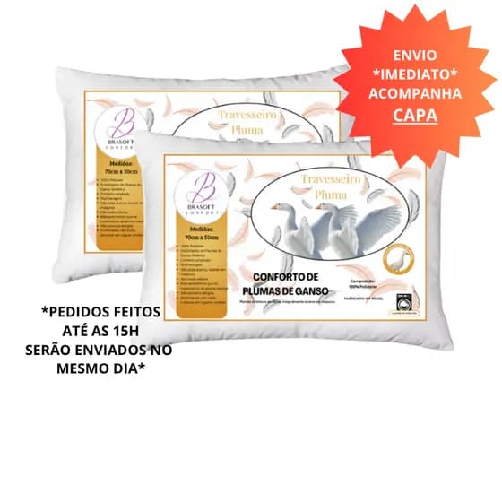 Kit Travesseiro Toque Pluma de Ganso Sintetico Flocado Em Espuma Descanso Antiacaro BraSoft 70x50cm