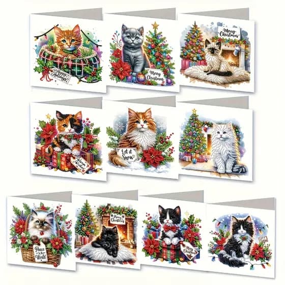 10 Peças De Cartão Comemorativo 5d Diy Painting Gato de Natal Vil