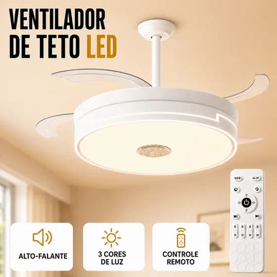 Ventilador de Teto LED Retrátil 42" 4 Pás Branco Som Integrado Controle Remoto 6 Velocidades Bivolt