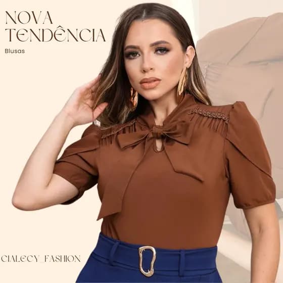 Blusa Social Feminina com Laço Elegante Manga Curta Bufante Moda Evangélica Premium Sofisticada Chic